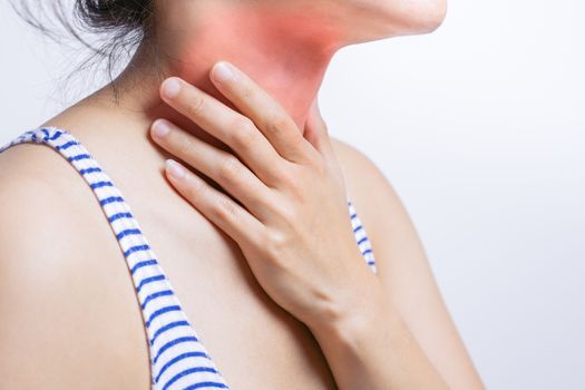 Sore throat pain women. Woman hand touching neck with sore throat feeling bad. Healthcare and medicine concept