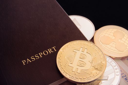 cryptocurrency bitcoin coin and passport, btc, bitcoin, ethereum, litecoins, internation trading business