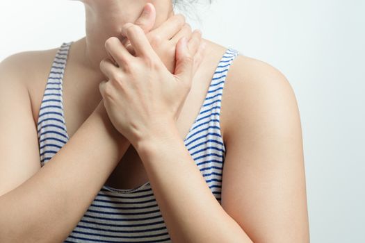 Sore throat pain women. Woman hand touching neck with sore throat feeling bad. Healthcare and medicine concept