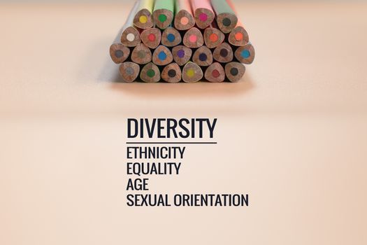 Diversity concept. row of mix color pencil on black background with text Diversity, Ethnicity, Equality, Age, Sexual Orientation