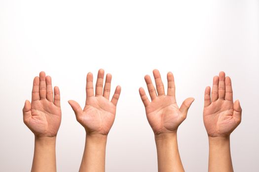 raise hand up, left and right hand raise isolate on white backgrounds in four action.