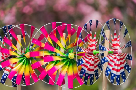 Close up the rainbow pinwheel toy, colorful turbines toy