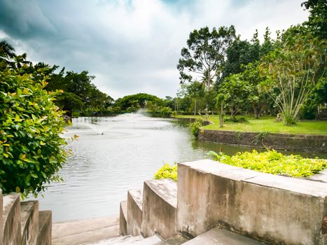 the lake with fountain view at Wat Yannasangwararam, Pattaya Chonburi, Thailand