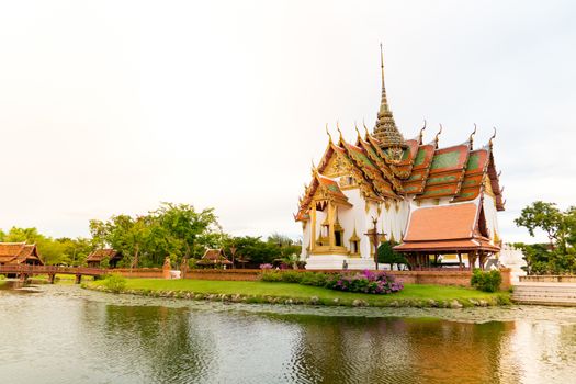 SAMUT PRAKAN, THAILAND, SEP 2017: The ancient city Thai palace with the wooden bridge (name in Thai : Phra Thinang Dusit Maha Prasat)