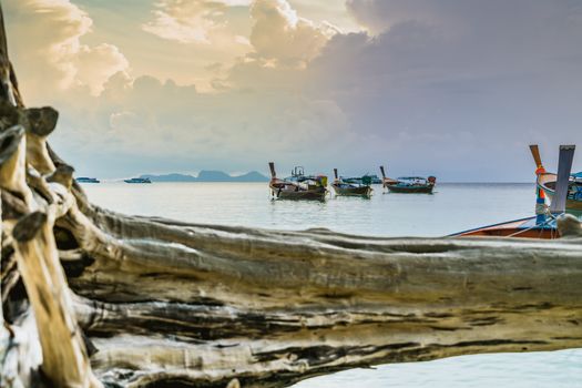 long tailed boat, fishing boat, motor boat on the sunrise scene