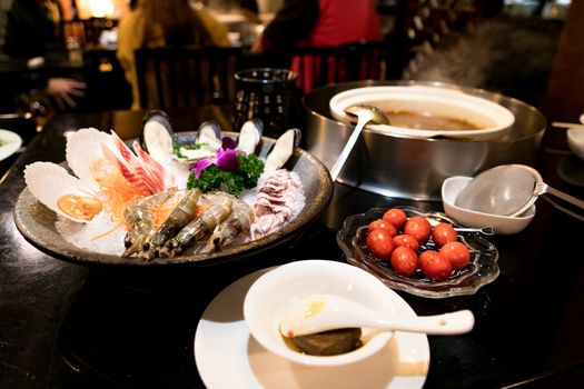 Seafood set with cherry tomato for Chinese shabu restaurant