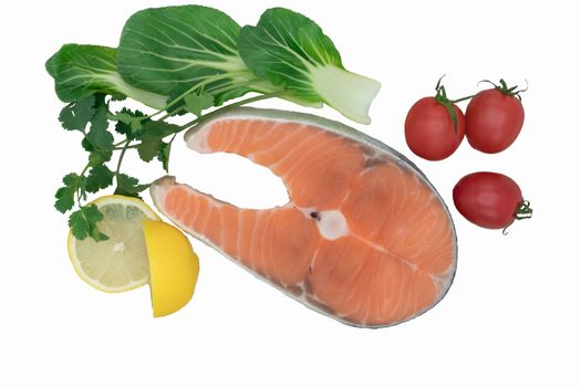 isolated raw salmon steak with vegetable, food and vegetable concept