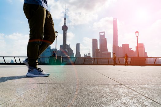 SHANGHAI CHINA OCT,2017: walking man in the summer at bund Shanghai city view background