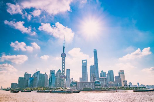 Shanghai China Oct,2017: Shanghai skyline from bund on the Hangpu river