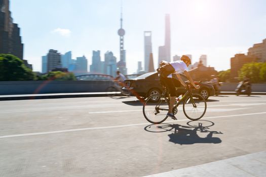 Shanghai China Sep,2017: the bicycle man, the most popular transportation in Shanghai city