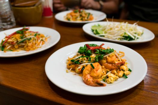 Thai food shrimp and noodle stir fried with eag, Thai traditional food, yummy must try