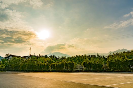 landscape of sunbeam at the parking lot, sunlight landscape background