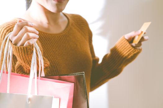 Happy girl holding the colorful shopping bag and credit card for family new year gift - applied matt soft focus filter