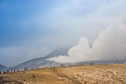 Mount Aso and Kusasenri in winter. covered by golden yellow grassland - Kumamoto, Japan