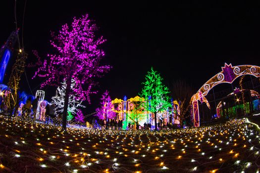 NAGASAKI, JAPAN - April 29, 2019 : Huis Ten Bosch is a theme park in Nagasaki, Japan, which displays old Dutch buildings and colorful lights show at night.