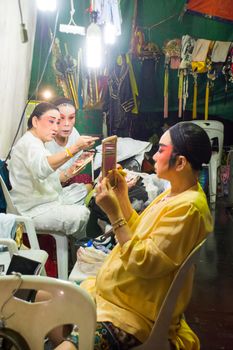 Asia / Thailand - August 28th 2019 : Chinese Opera Actress. Performers make up at backstage. 