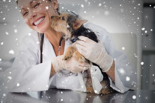 Composite image of puppy kissing female vet against snow falling