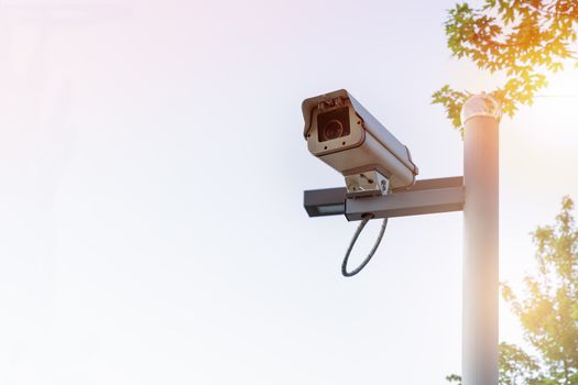 Outdoor security CCTV monitor white color on tree and sky backgrounds