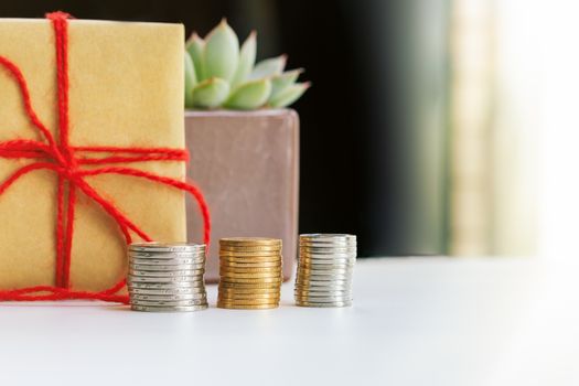Investment and interest Concept, Saving money with gift box and little tree