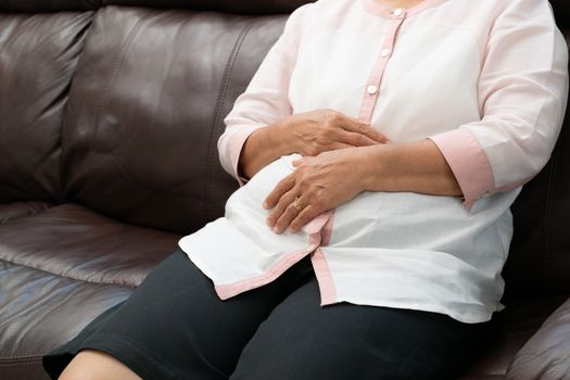 abdominal pain, stomachache, old woman suffering, health problem concept