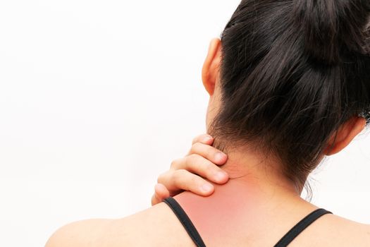 young women neck and shoulder pain injury, healthcare and medical concept