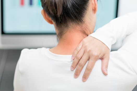 young women neck and shoulder pain injury with red highlights on pain area, healthcare and medical concept