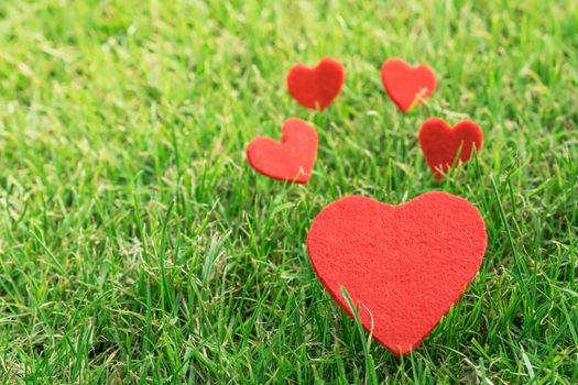red heart on the green grass backgrounds with copy space