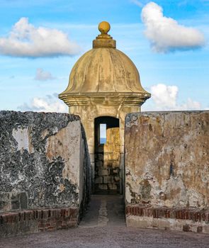 An afternoon closeup view of one of the watch towers inside the Castillo San Felipe del Morro in Old San Juan.