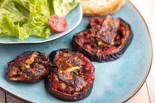 grilled eggplants with cheese and salad