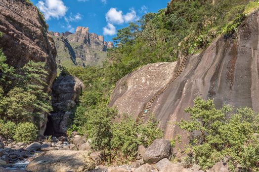 View from the Tugela Gorge towards the South. The Tugela tunnel, a chain ladder and part of the Amphitheatre are visible