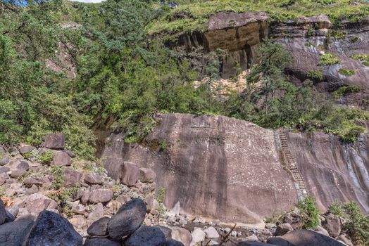 View of the chain ladder in the Tugela Gorge. The Gully is behind the trees to the left