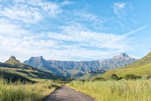 View of the Amphitheatre in the Drakensberg as seen from the road to Thendele