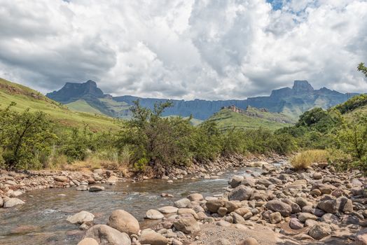 View of the Tugela River with the Amphitheatre in the Drakensberg in the back