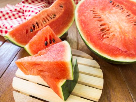 Sliced ​​watermelon pieces on a wooden tray.