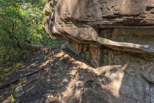 An overhanging rock formation on the hiking trail to the Tugela Gorge and Policemans Helmet