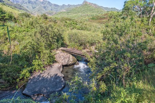 Wooden pedestrian bridge over the Vemvaan River on the hiking trail to the Tugela Gorge