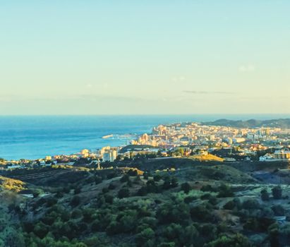 Aerial view of Andalucia region in Spain and Mediterranean Sea, beautiful nature in summer at sunset