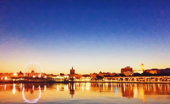 View of the Port of Malaga, the capital city of Andalucia region in Spain at sunset, travel