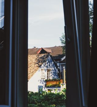 European architecture and daily life of city center street in Zurich, Switzerland in summer