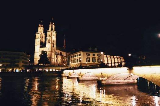 European architecture and night view of city center street in Zurich, Switzerland at night