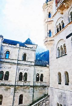 Watercolour Art Print, Castle in Alpine Mountains as Vintage Home Decor