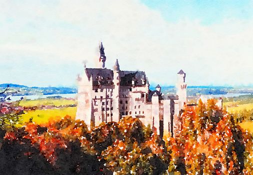 Watercolour Art Print, Castle in Alpine Mountains as Vintage Home Decor