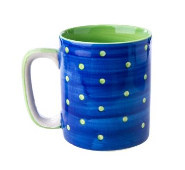 Blue ceramic cup on the isolated white background