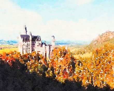 Watercolour Art Print, Castle in Alpine Mountains as Vintage Home Decor