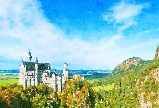 Watercolour Art Print, Castle in Alpine Mountains as Vintage Home Decor