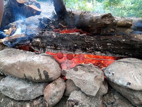 Frying slices of sausages on a bonfire on a skewer.