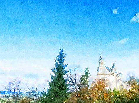 Watercolour Art Print, Castle in Alpine Mountains as Vintage Home Decor