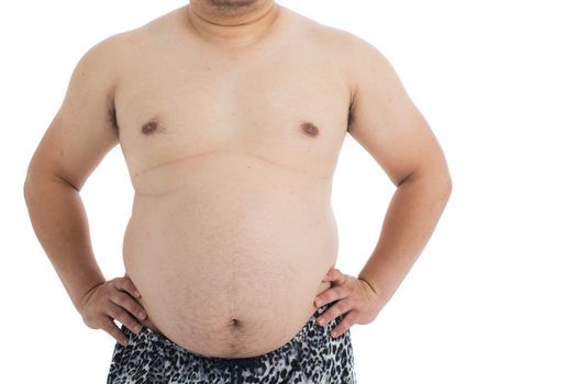 Fat man with a big belly isolated on white background