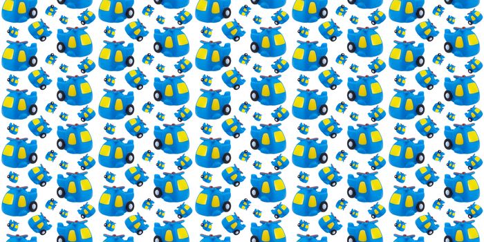 seamless pattern of rubber toy blue helicopter on white