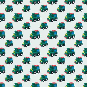 seamless pattern of rubber toy green train on white